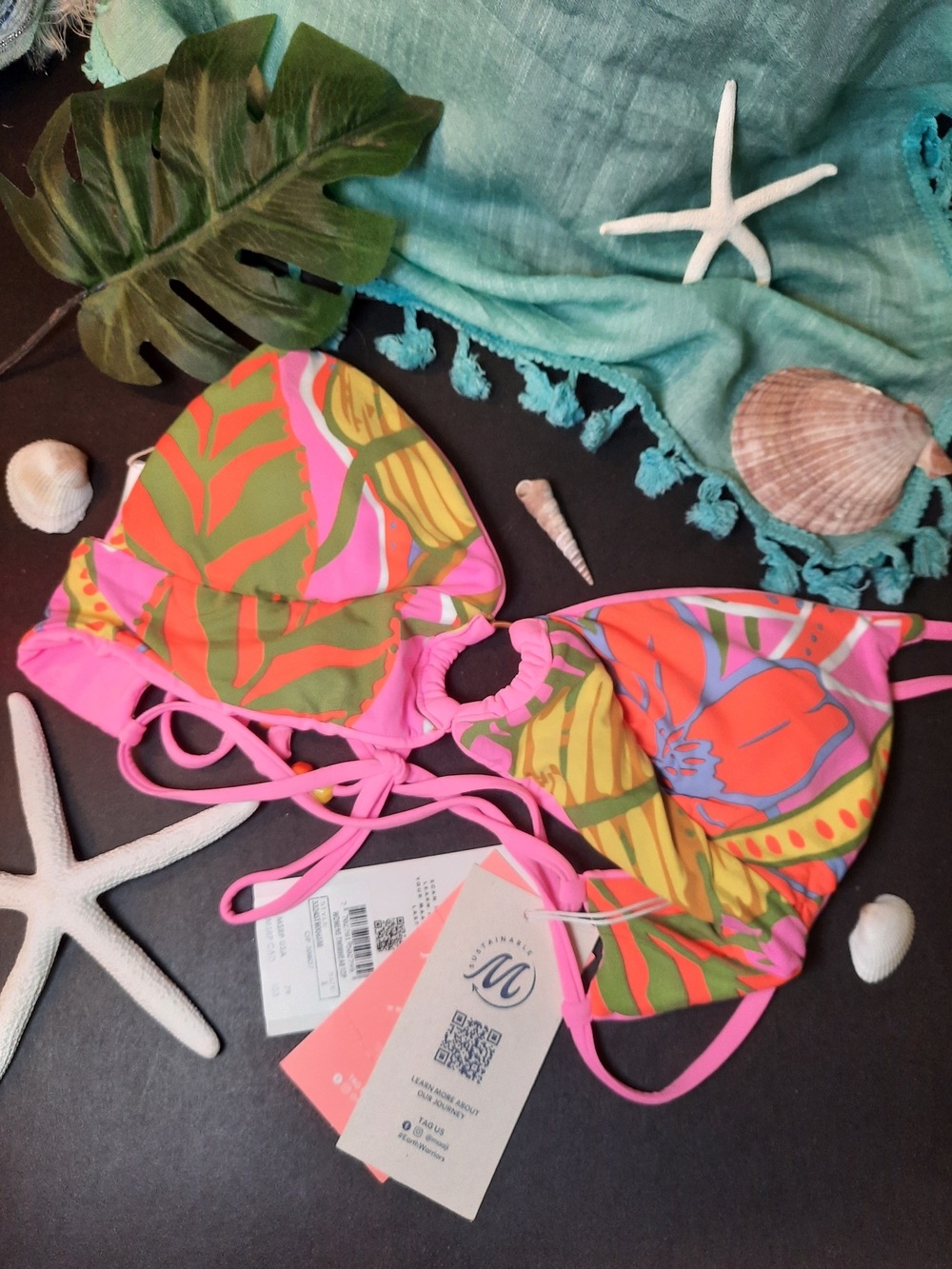 Maaji Pink Floral-Print Bikini Top with Green & Orange Accents